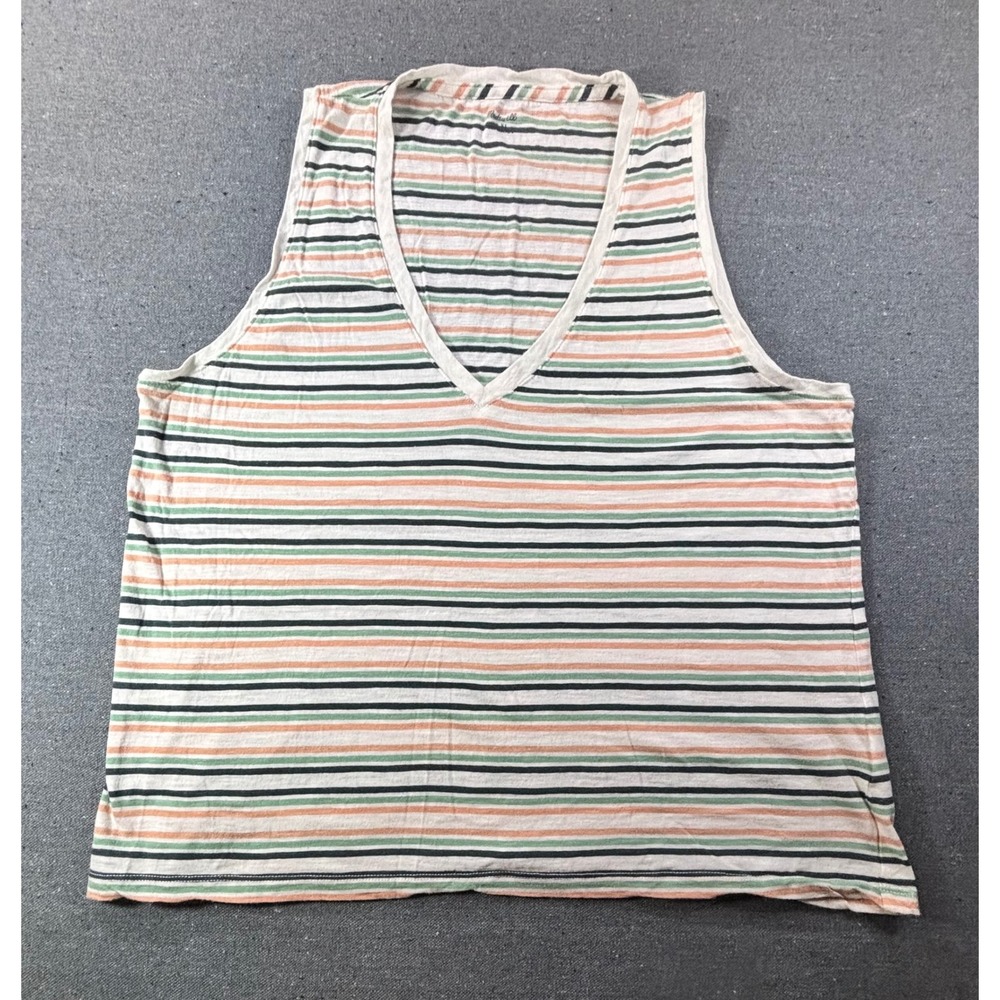Madewell Striped V-Neck Tank Top Womens XL Green Peach Navy Blue